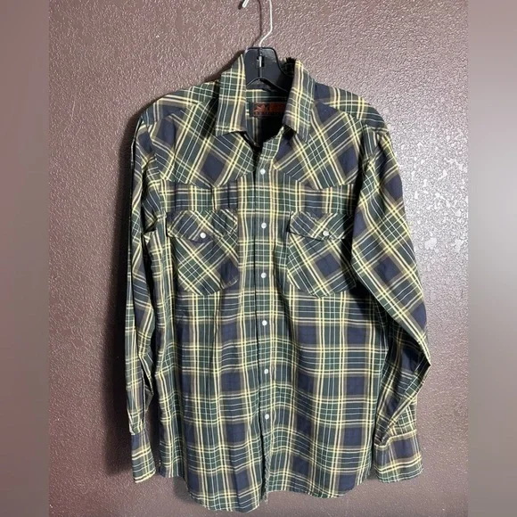 Men’s Med Casual Green, Navy and Yellow Pearl Snap Shirt - Picture 1 of 3